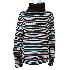 Striped Chunky Knit Turtleneck Sweater Earthy Rolled Edges Cottage Casual Sz M